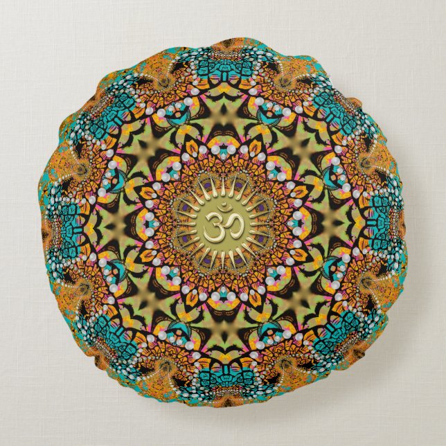 Almofada Redonda Bohemian Batik Mandala OM Yoga Round Cushion (Verso)