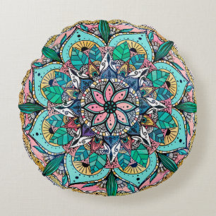 Almofada Redonda Bohemian Colorful Watercolor Floral Mandala