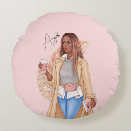 Almofada Redonda Bohemian Faux Glitter Girl Tan Hair Pink