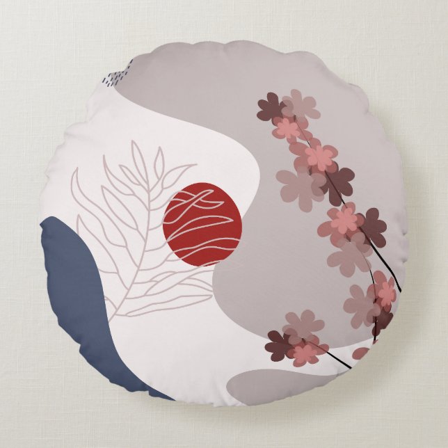 Almofada Redonda Boho Azul Magenta Botânico (Frente)