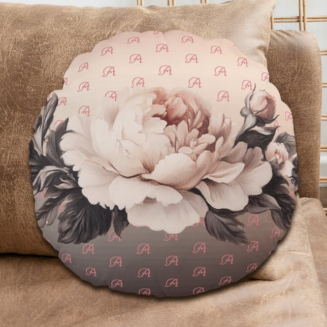 Almofada Redonda Boho Beige Travesseiro decorativo redondo de monog (Round beige rose pillow on a couch.)