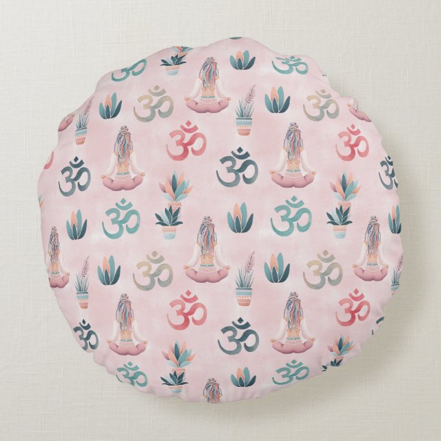 Almofada Redonda Boho Design- Frau mit Dreadlocks- Meditation- OM (Verso)