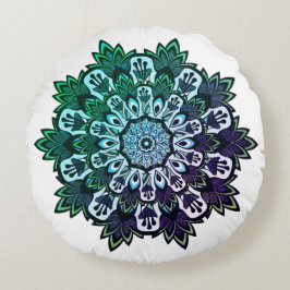 Almofada Redonda Boho Green Purple Tropical Leaf Mandala