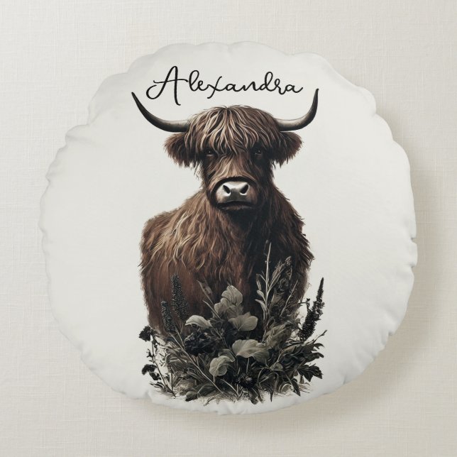 Almofada Redonda Boho Highland Cow (Frente)