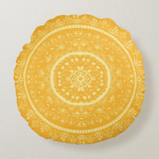 Almofada Redonda Boho Mandala Floral Amarelo Doura