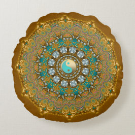 Almofada Redonda Boho Ouro Turquesa Yin Yang Jóia Mandala
