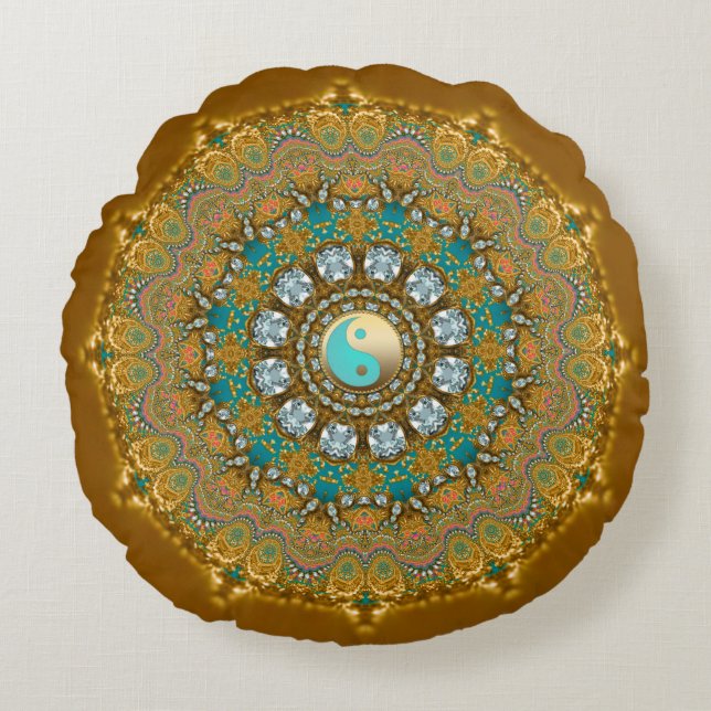 Almofada Redonda Boho Ouro Turquesa Yin Yang Jóia Mandala (Frente)