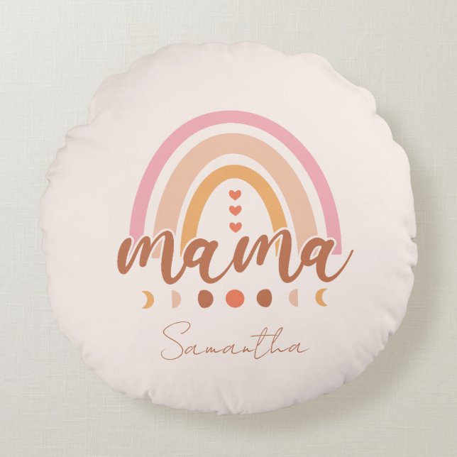 Almofada Redonda Boho Rainbow Mama com Fases da Lua (Frente)