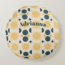 Almofada Redonda Boho Sun Moon Stars Blue Yellow Personalizado