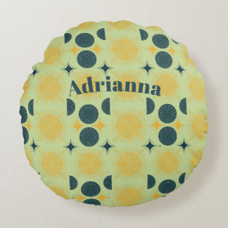 Almofada Redonda Boho Sun Moon Stars Mint Blue Yellow Personalizado