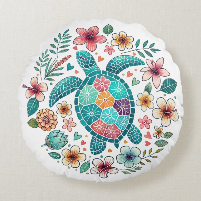Almofada Redonda Boho Turquesa Floral Tartaruga Marinha - Costeira (Frente)