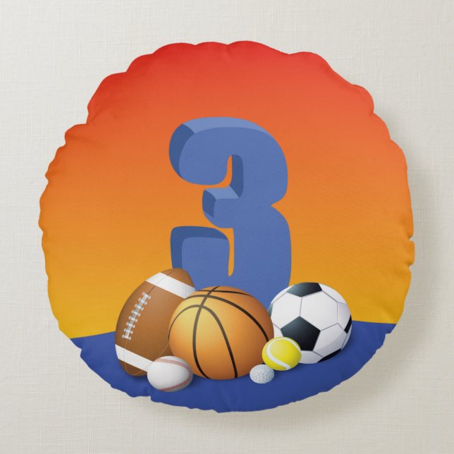 Almofada Redonda Bolas de Esportes aniversário de 3 anos (Frente)