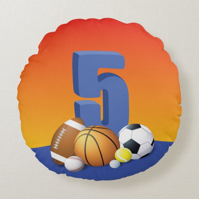 Almofada Redonda Bolas de Esportes de Aniversário 5 (Frente)