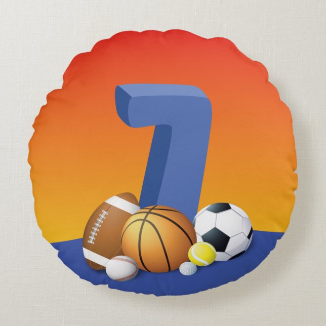 Almofada Redonda Bolas de Esportes de Aniversário 7 (Frente)