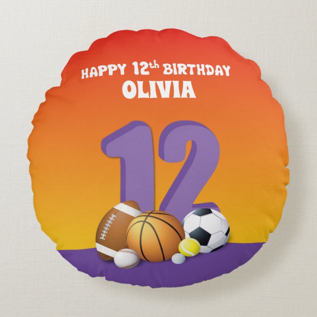 Almofada Redonda Bolas de Esportes de Aniversário para 12 de Menina (Frente)