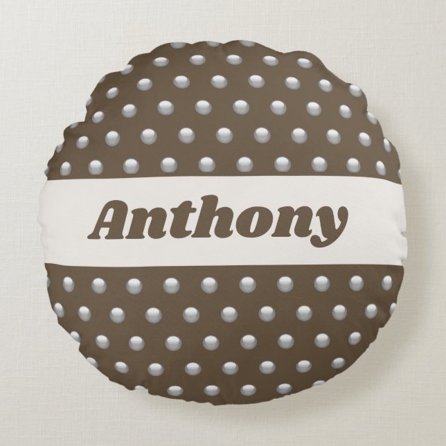 Almofada Redonda Bolinhas de Prata Metálica e Castanho Escuro (Frente)