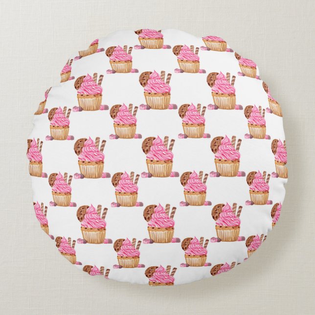 Almofada Redonda Bolo de água rosa com padrão de chocolate (Frente)