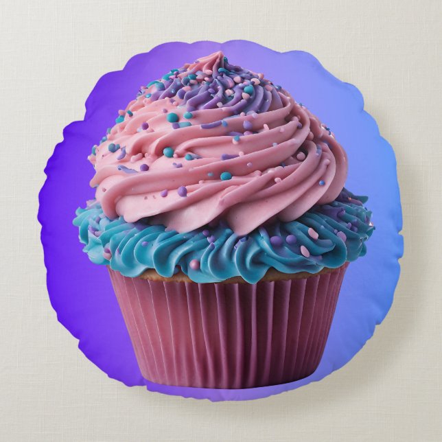 Almofada Redonda Bolo de Aniversário Rosa e Azul com Cobertura (Frente)