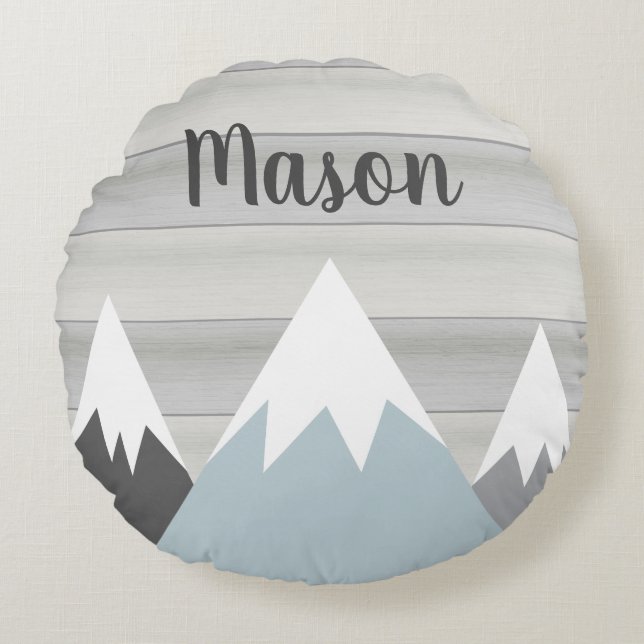 Almofada Redonda Bolsa de Montanha com Nome Aventura Wooden (Frente)