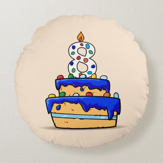 Almofada Redonda Bom dia, 8 anos, Bolo Azul Doce (Frente)