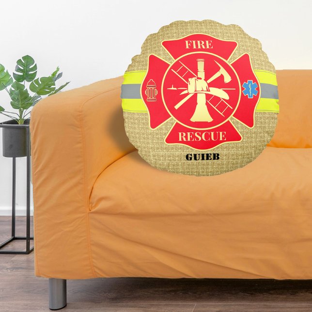 Almofada Redonda Bombeiro Russo Maltês Cross Bunker Gear Art (Firefighter Fire Rescue Bunker Turnout Gear Custom Round Pillow)