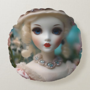 Almofada Redonda Boneca Vintage Azul,