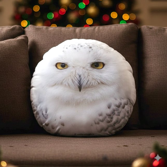 Almofada Redonda Bonita, Dreamy e Serene Snowy Owl (Snowy Owl Round Throw Pillow Cover Photo)