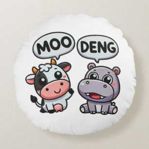 Almofada Redonda Bonita Moo Deng & Cow Divertido