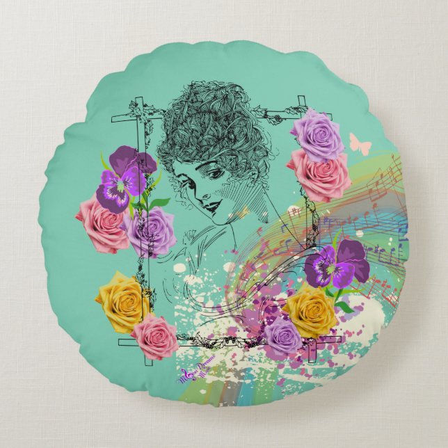 Almofada Redonda Bonita Travesseiro redonda vitoriana Teal Floral (Frente)