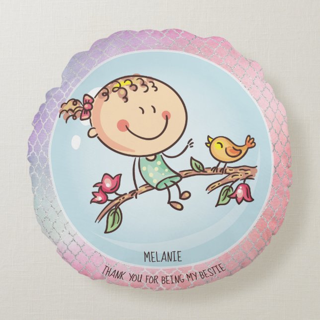 Almofada Redonda Bonitas BFF Besties Kawaii presentes para garotas  (Frente)