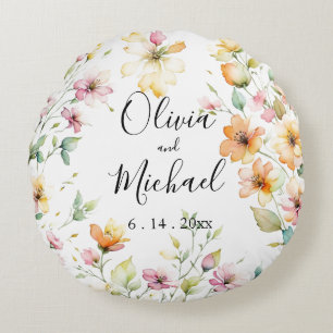 Almofada Redonda Bonito Boho Orange Pink Watercolor Flores