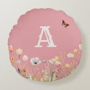 Almofada Redonda Bonito Cores Aquarelas Flores e Monograma