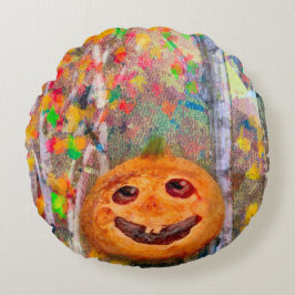 Almofada Redonda Bonito e Feliz Rosto de Abóbora do Halloween