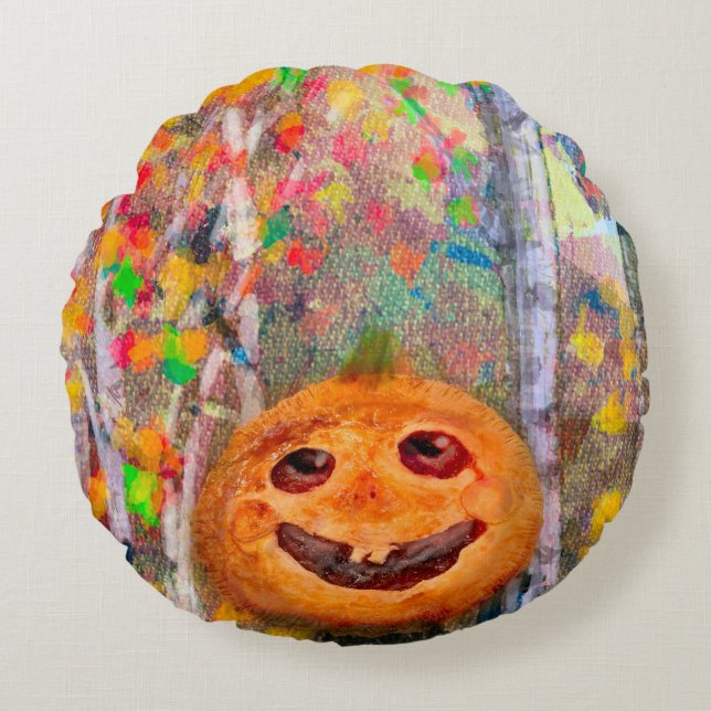 Almofada Redonda Bonito e Feliz Rosto de Abóbora do Halloween (Frente)