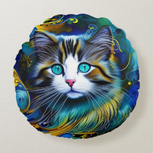 Almofada Redonda Bonito Gato Místico em Blues e Goldes