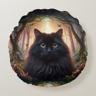 Almofada Redonda Bonito gato preto fluffy com olhos Dourados