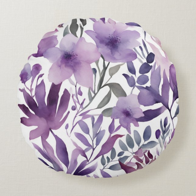 Almofada Redonda Bonito Purple Floral Watercolor Design (Frente)