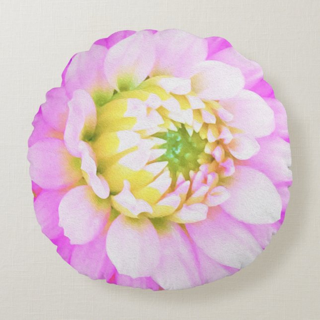 Almofada Redonda Bonito rosa, branco e amarelo Cactus Dahlia Macro (Frente)