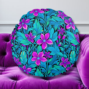 Almofada Redonda Bonito Roxo e Azul Teal Floral