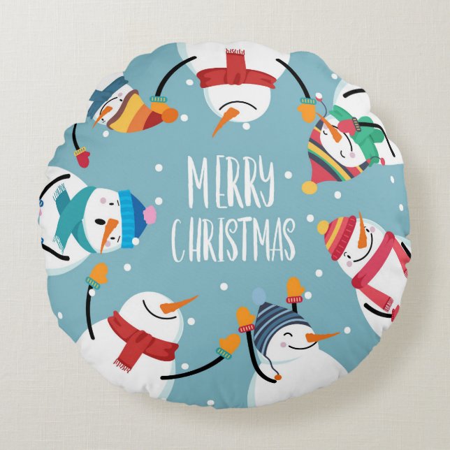 Almofada Redonda Bonito Snowman Feliz Natal Feriados Festivos (Frente)