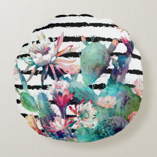 Almofada Redonda Bonito Watercolor Cactus Floral Black Stripes