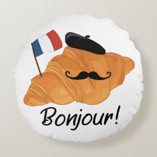Almofada Redonda Bonjour French Croissant - França Comida Engraçada