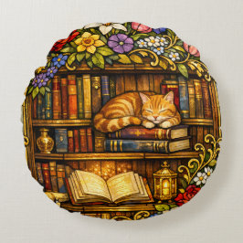 Almofada Redonda Book and Sleeping Cat Lovers Faux Stain Glass