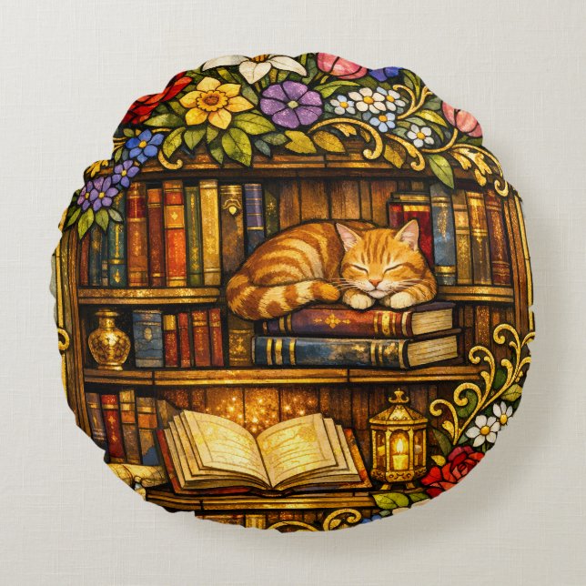 Almofada Redonda Book and Sleeping Cat Lovers Faux Stain Glass (Frente)