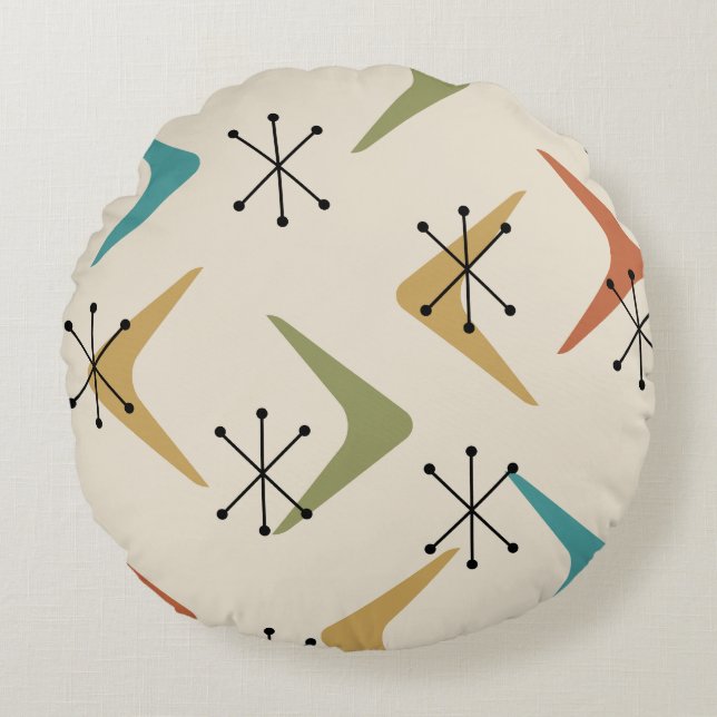 Almofada Redonda Boomerangs de meio século Ampliações Multicolorida (Frente)