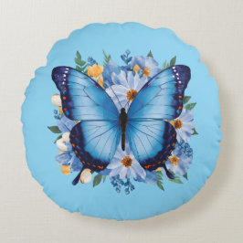 Almofada Redonda Borboleta Azul Graciosa em Floral