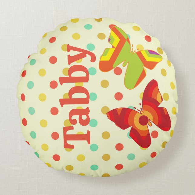 Almofada Redonda Borboleta-bolinhas de faixa do Retro Boho 70 (Frente)