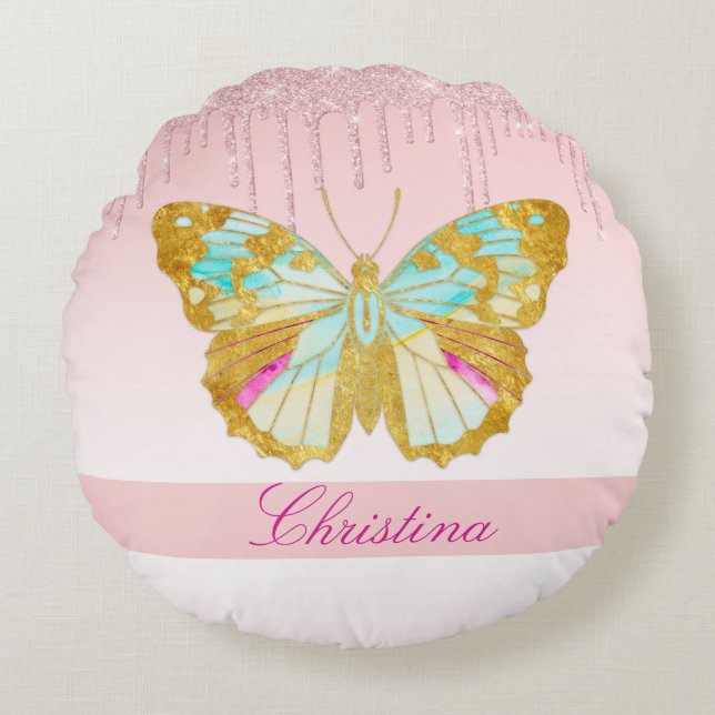 Almofada Redonda Borboleta de Teto Rosa Glitter Personalizada (Frente)