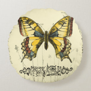 Almofada Redonda Borboleta Decorativa com Flores Selvagens