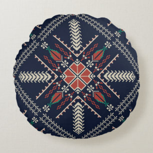 Almofada Redonda Bordado Palestino: Design de Padrão Tradicional